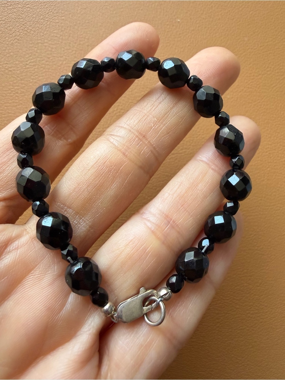 Vintage Black Faceted Glass Bead Bracelet Stamped 925